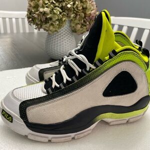 Fila White, Black & Neon Yellow High-Top Sneakers